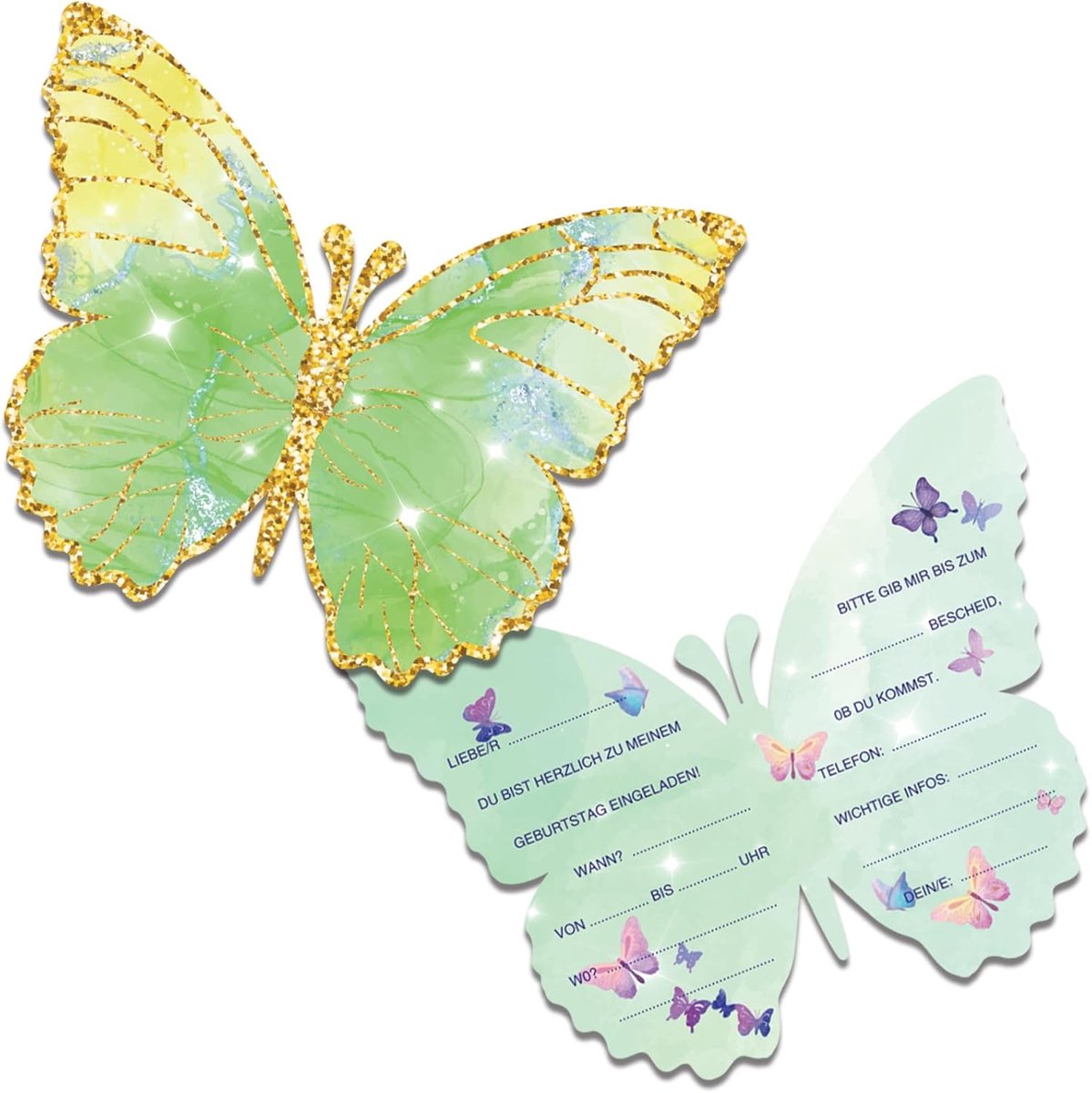 12 uitnodigingskaarten voor kinderverjaardag, 12 x 10 cm, vlinderuitnodigingskaarten, verjaardagsuitnodigingen voor meisjes en jongens, verjaardagsuitnodigingen voor kinderverjaardagsfeest
