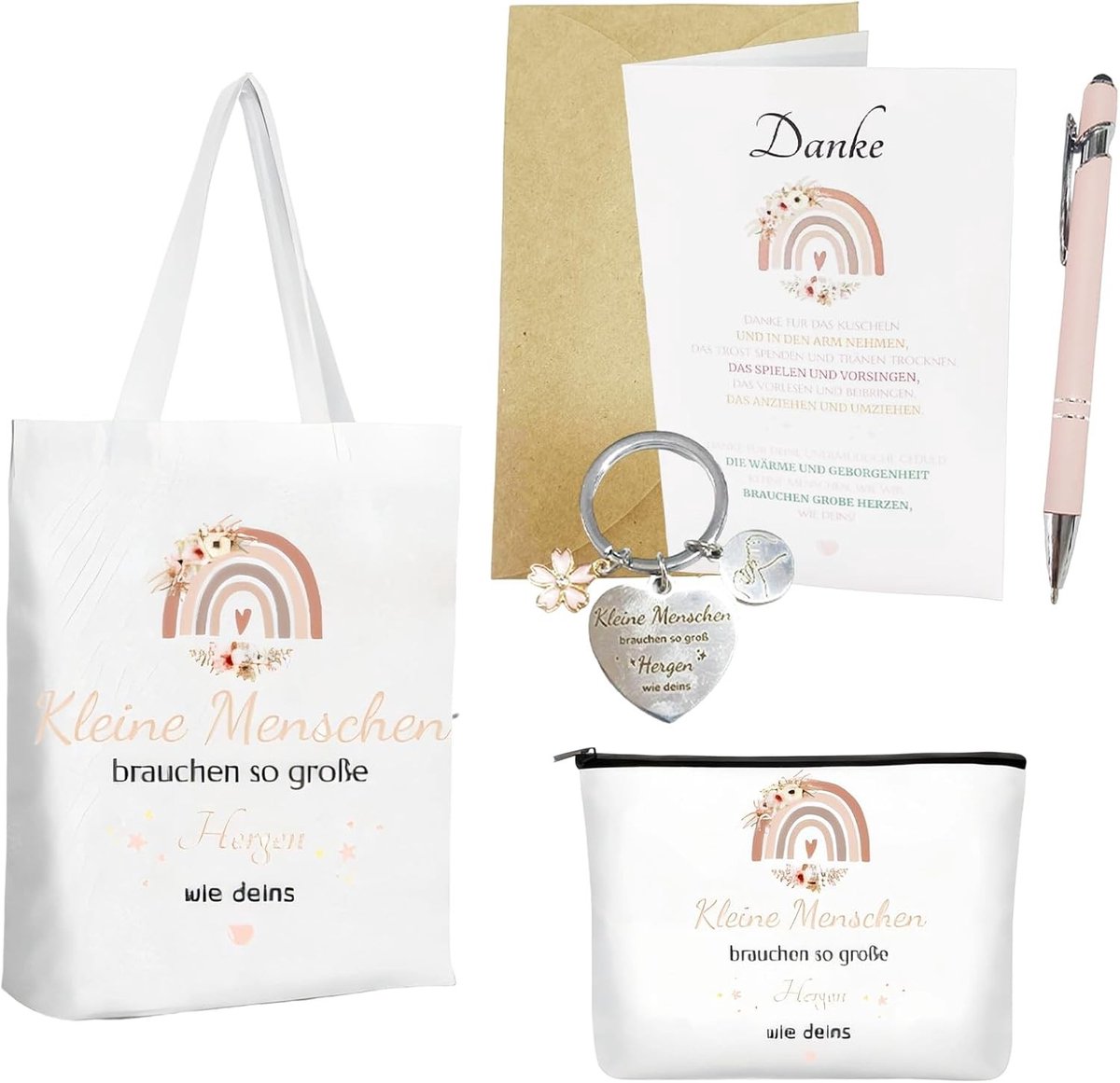 5-delige set met bedankjes voor docenten: katoenen tas, cosmetica tas, sleutelhanger, pennen, enveloppen en kaarten voor afscheidscadeau en leraarsgeschenk
