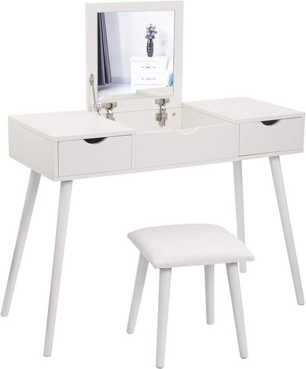 Stijlvolle make-uptafel - Met spiegel en kruk - Modern bureau - Soft-close - 2 laden