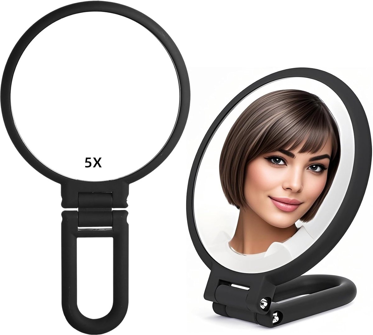 SnelShoppen - 1X 5X Handspiegel met Handvat voor Reizen, Dubbelzijdige Vouwspiegel, Magnifying Mirror voor Vrouwen, Make-up, Scheren, Tafel en Bureau