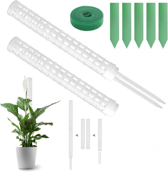 1 Set – Sphagnum-mosstok / Mossteun – Hoogte 25 cm – Klimplantsteun (Kokos-/Pothosstok) – Inclusief 2 stokken, 5 labels en 1 klittenbandstrip – Wit