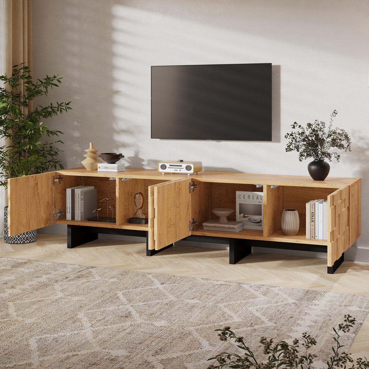 STILVORA Tv-Meubel - Druk-Openmechanisme - 4 Deuren En 4 Opbergvakken - Voor Tv's Tot 75 Inch - MDF En Spaanplaat - 180x38,5x45 Cm - Natuurlijk Naturel