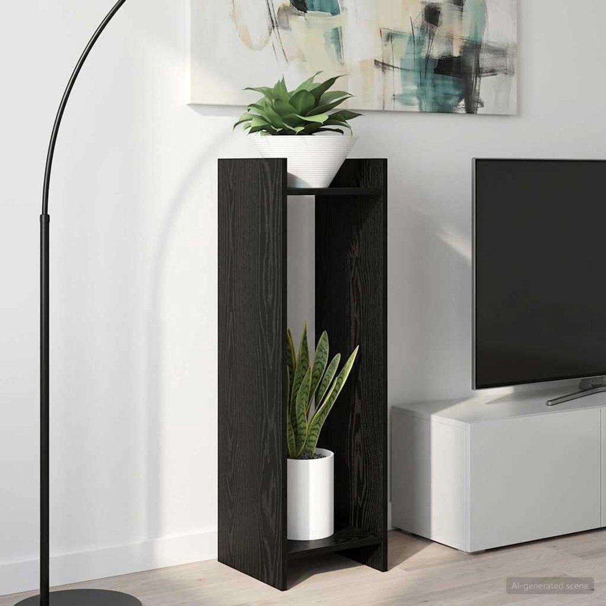 Zwart eiken, 30 x 30 x 100 cm, houtmateriaal, moderne plantenstandaard met open frameconstructie voor ruimtebesparende presentatie binnenshuis, ideaal