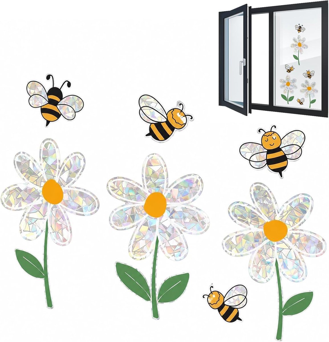 Raamstickers voor kinderen – Holografisch & zelfklevend, prisma-effect zonnecatchers met bloemen, bijen en dieren – Kleurrijk, veilig en makkelijk te verwijderen