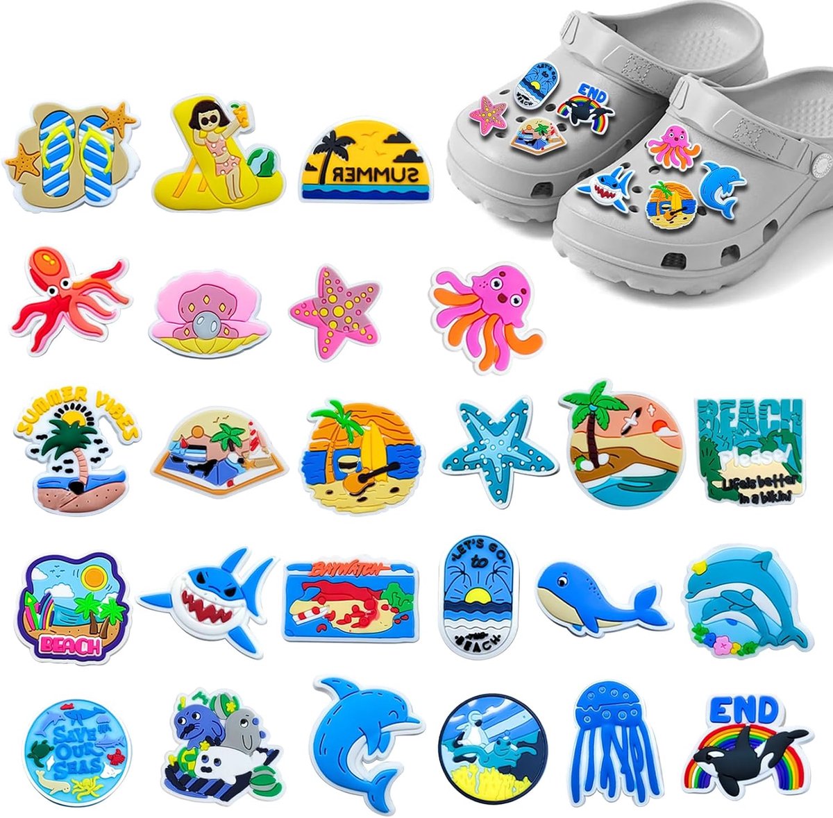 Bedels, zomerse strandschoenbedels voor Crocs, doe-het-zelf badge voor kinderklompen, afneembare pvc-bedels en pinnen voor meisjes, vrouwen, kinderen, verjaardagscadeaus