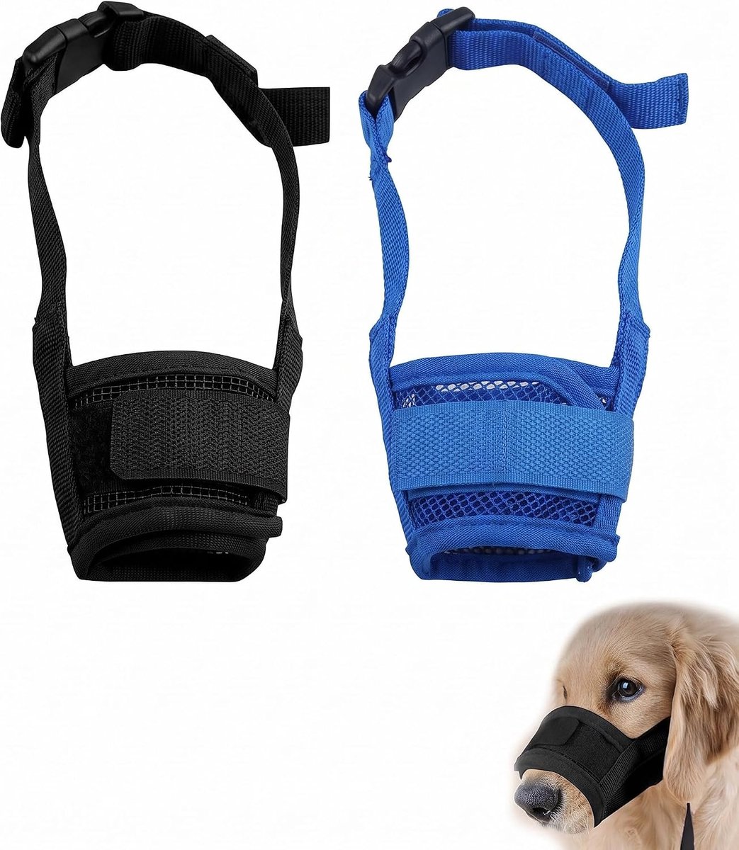 Muilkorf voor honden, klein, maat S, 2 stuks, zwart en blauw. Zacht gaas, ademend, anti-blaffen en anti-roos, maakt het mogelijk om te drinken. Veiligheid en comfort.