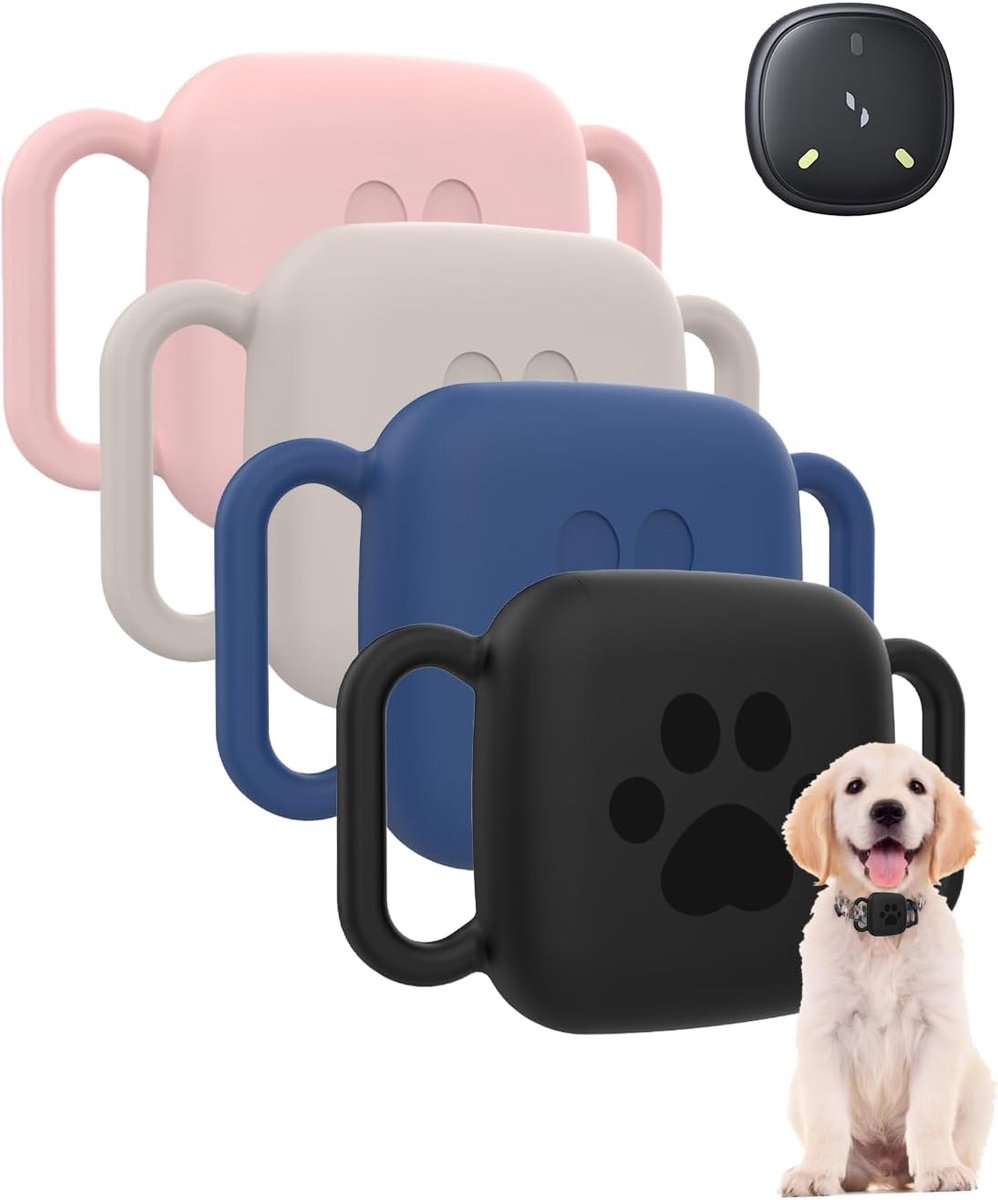 Set van 4 hoesjes voor UGREEN FineTrack Mini 2 Powfix Finder, siliconen houder voor halsband hond en kat, schokbestendig, waterdicht, voor bagage en tassen, zwart, gebroken wit, roze, blauw, 4 stuks