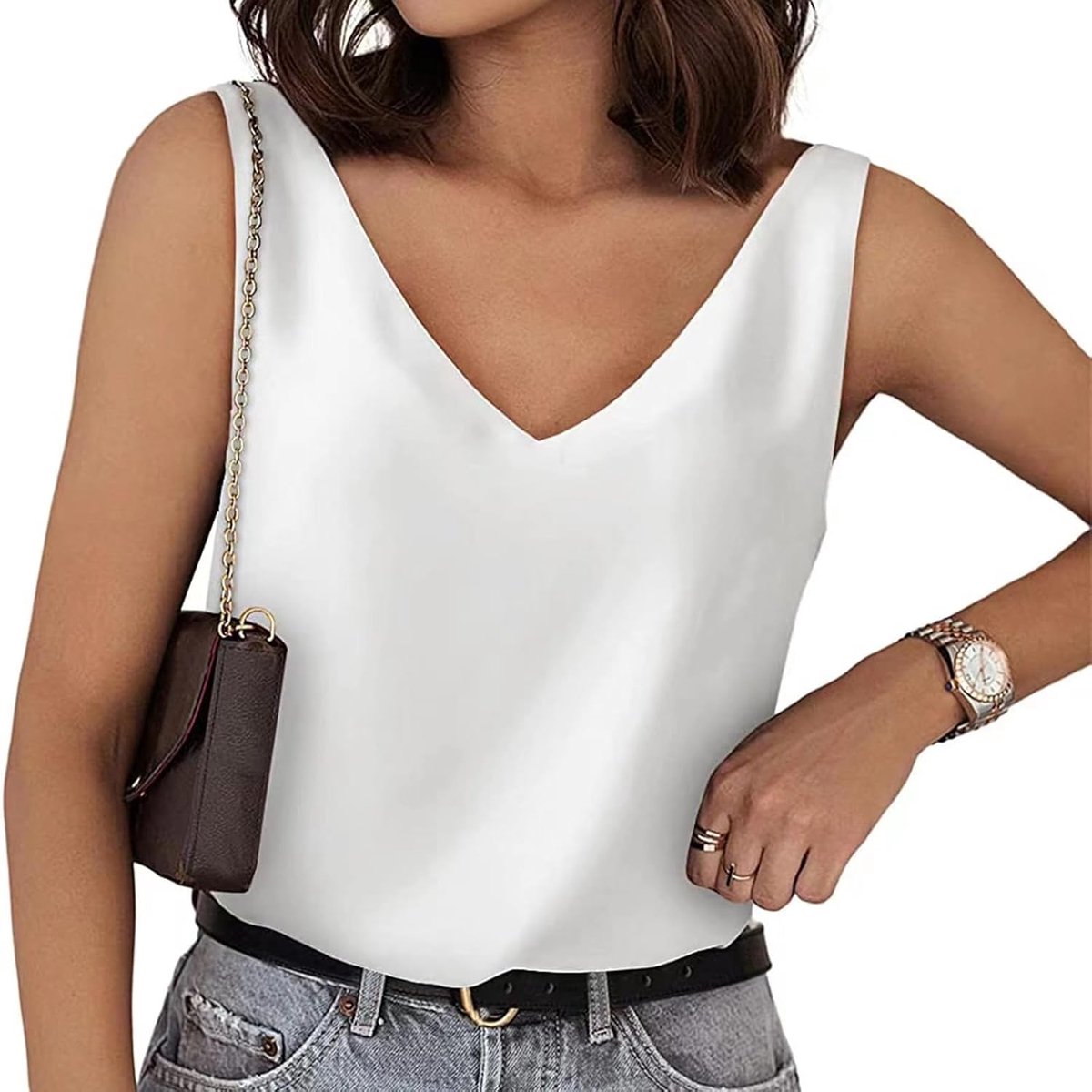 Satijnen tanktop V-hals mouwloze blouse top V-hals satijnen top dames cami blouse top elegante zomerblouse losse vallende