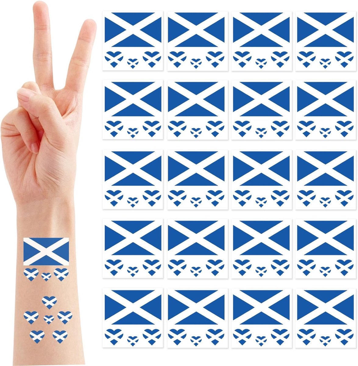 20 vellen Schotse vlaggenstickers, Schotse tijdelijke tatoeages voor St Andrews, Schotland party, waterdichte gezichtstatoeages stickers voor voetbalfans en gezinnen, blauw wit