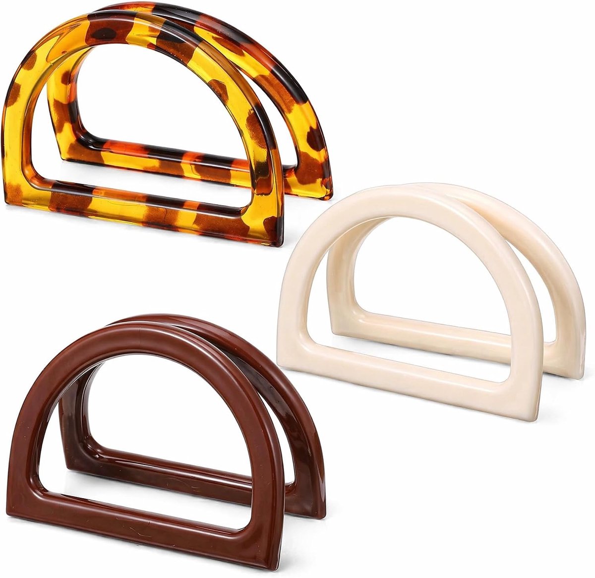 6 stuks handtas draaggreep, D-vormige tas handgrepen vervanging | 12 x 8,5 cm tasgrepen D-vorm voor handgemaakte gehaakte tassen en strotassen (bruin, wit, luipaardpatroon)