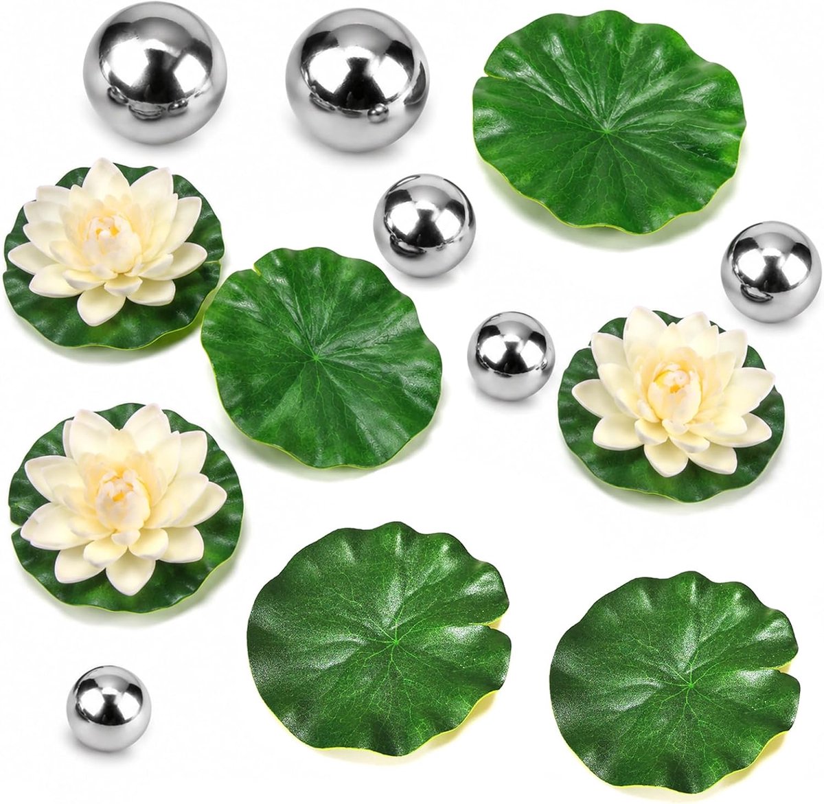 13-delige vijverdecoratieset met 6 drijvende ballen, 4 lotusbladeren en 3 lotus, voor fontein in bloemenvorm, mini-vijver
