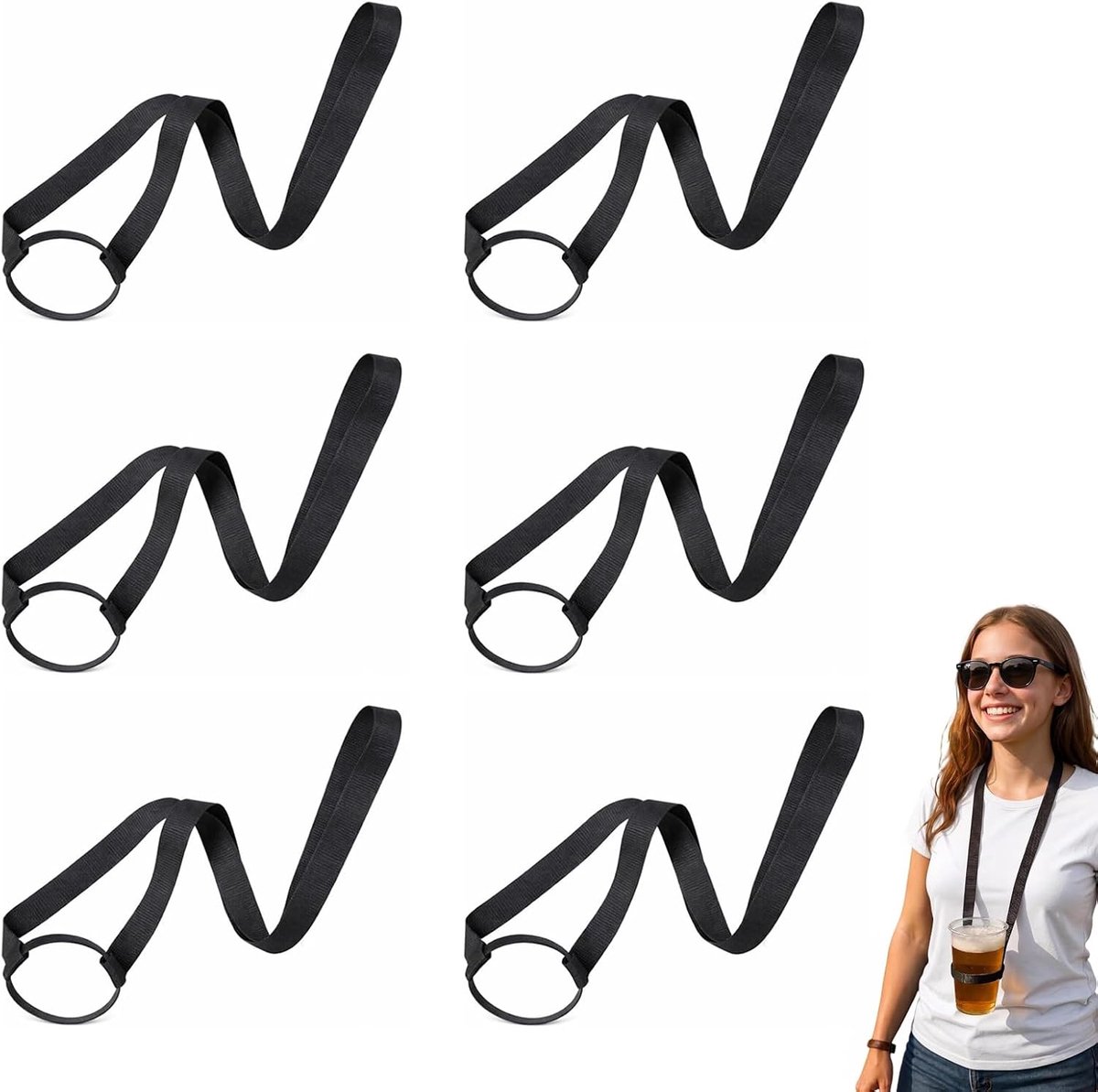 6 Stuks Bekerhouder met Schouderriem, Verstelbare Drinkhouder met Elastische Siliconen Ring, Handsfree Bekerhouder voor Festivals, Wandelen, Picknick, Reizen, Zwart