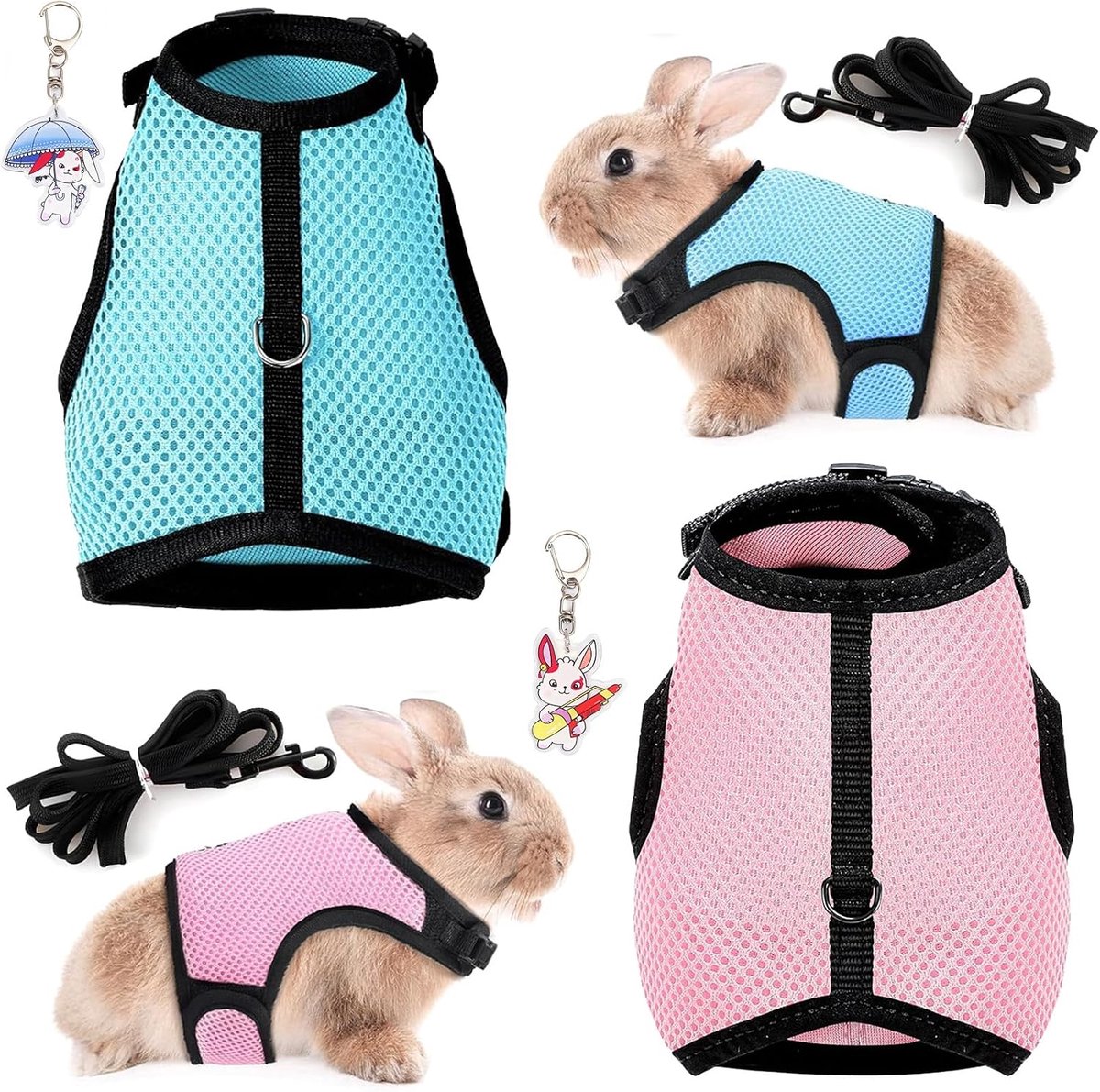 4-delige set met 2X verstelbare mesh konijnenharnas in lichtblauw & lichtroze incl. riem & 2x konijn sleutelhanger, uitrusting voor kleine dieren