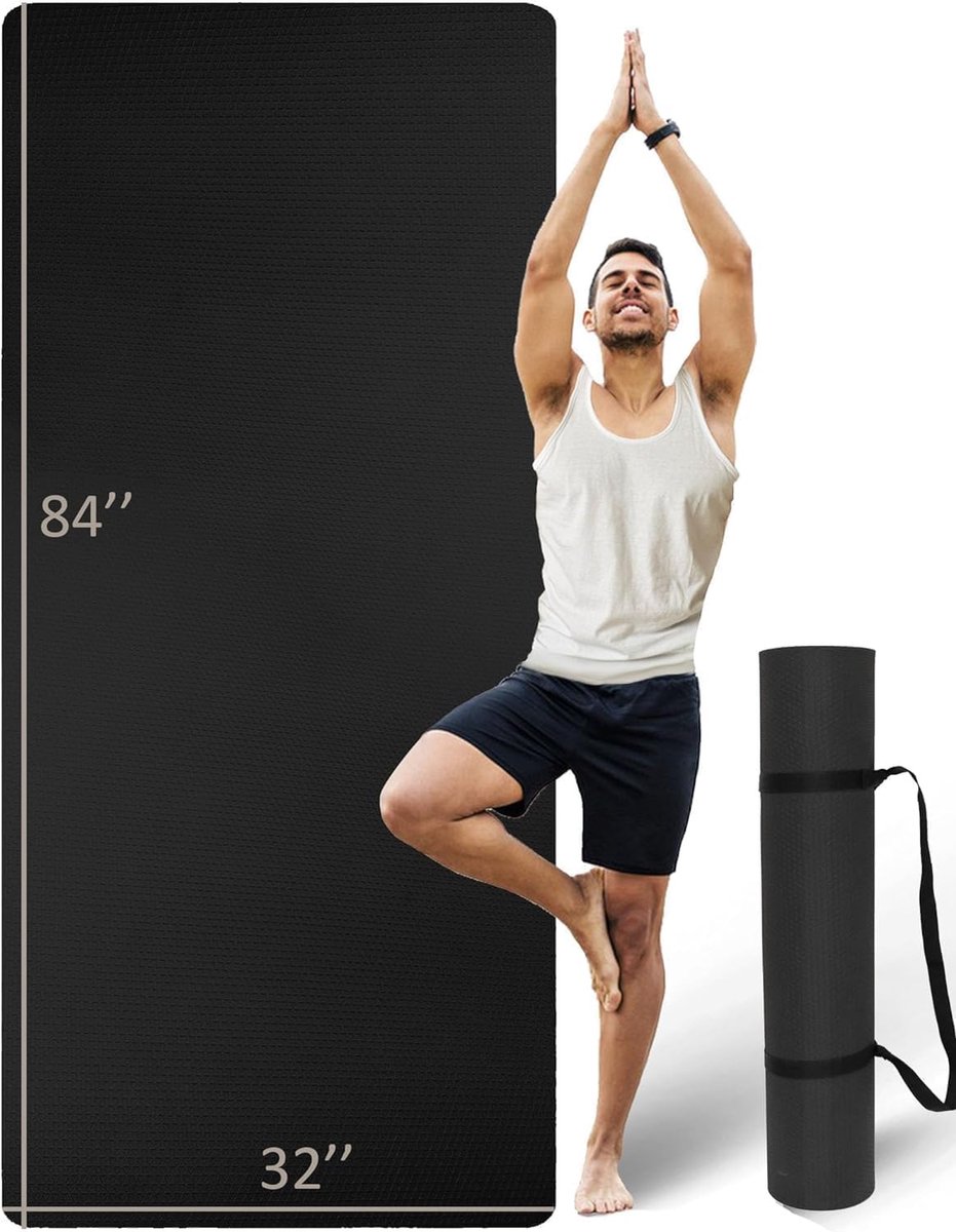 Lange en brede dikke yogamat voor lange mannen en vrouwen, 84" x 32" x 7mm Oversized Yogamat Dubbelzijdige Antislip, Pro TPE Yogamatten met Riem