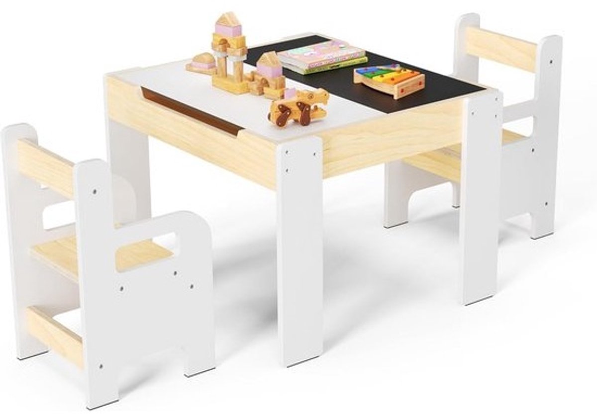 Houten kinderbureau met opbergruimte - Twee stoelen voor spelen en leren