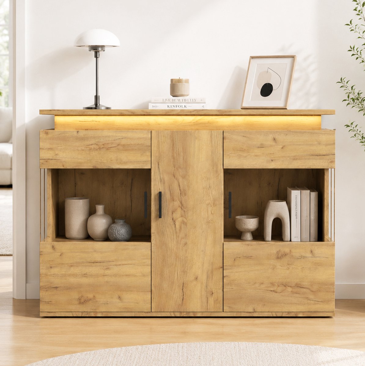 HAUSS SPOLE Buffetkast - Ledverlichting En Laadstation - Voor Woonkamer, Eetkamer En Keuken - Hout En Glas - 120x40x79,5 Cm - Licht Eiken