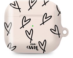 xoxo Wildhearts hoesje geschikt voor AirPods 5 - All Yours - Ook als telefoonhoesje verkrijgbaar - schokbestendige case - koptelefoonhoesje - Glimmende afwerking - Beschermhoes met hartjesprint - hartjes - Beige - Zwart