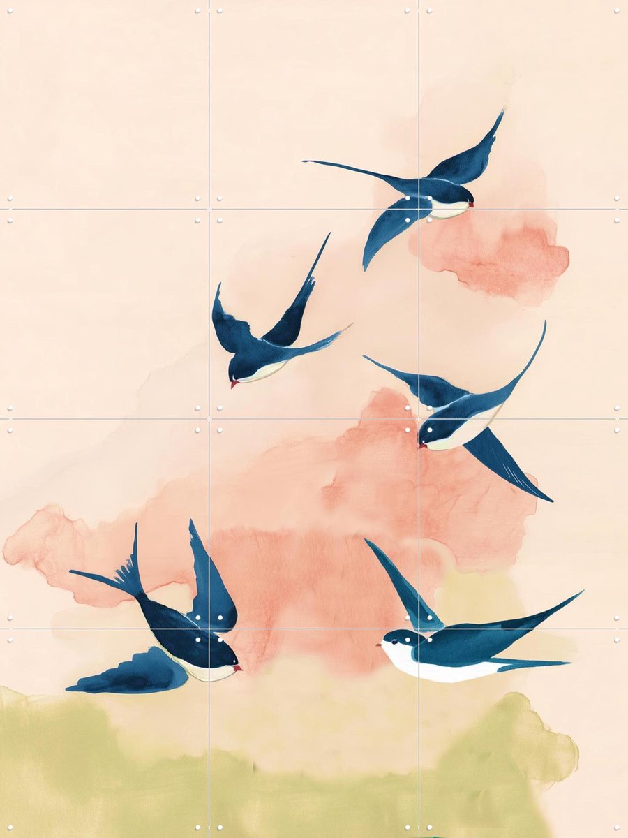IXXI Swallows In Soft Flight, Branka Kodžoman - 60 x 80 cm - Gratis ophangtool - Grote wanddecoratie en posters - Aquarel, Fantasierijk, Gang