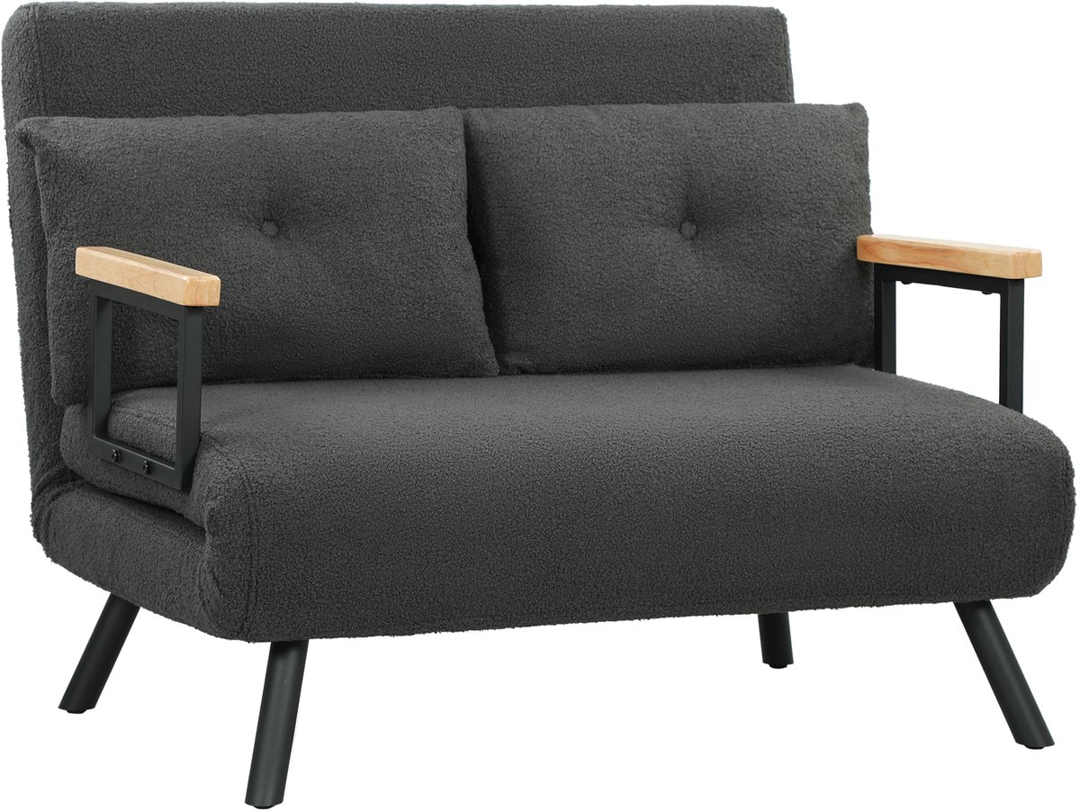 Homona Slaapbank - Met 2 kussens en houten armleuningen - 5-voudig verstelbare rugleuning - 102 x 73 x 81 cm - Donkergrijs