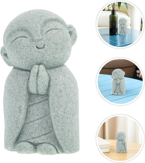 2 Stuks Japanse Jizo Beeldhouwwerk van Duurzaam Zandsteen Smilende Boeddha Meditatie Ornament voor Zen Tuin Feng Shui Decoratie Buitenruimte — afbeelding 2