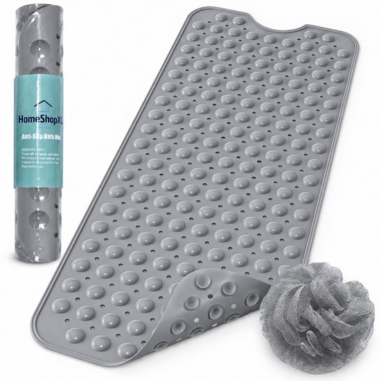 Grijze antislip badmat met zuignappen en bijpassende grijze netpons.