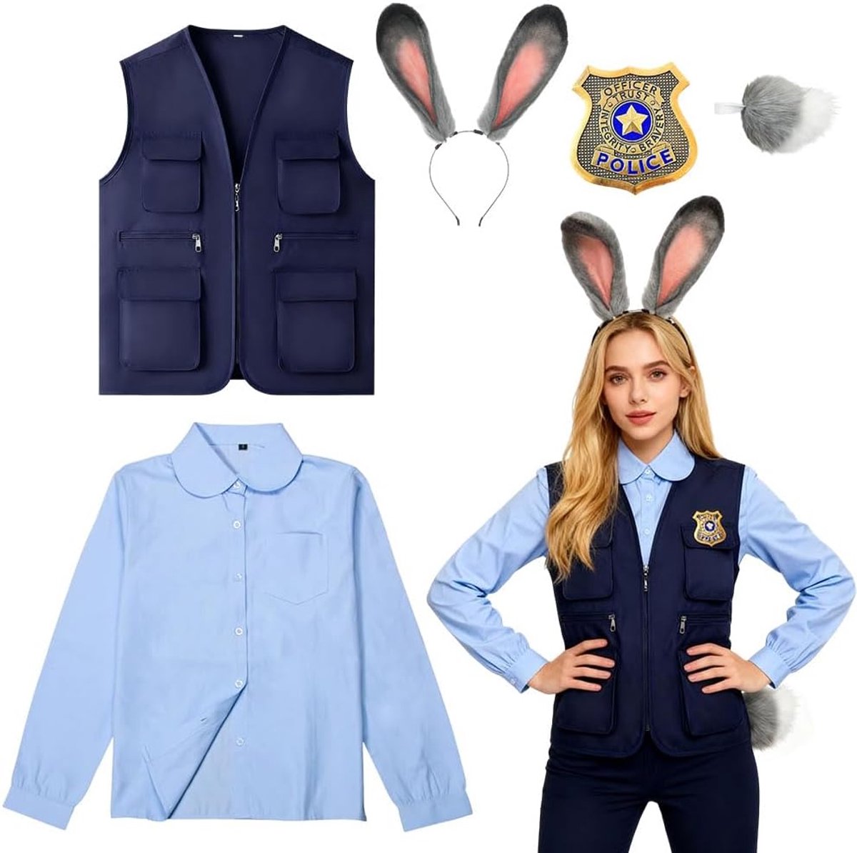 5 stuks konijnenpolitieagent-outfit, carnavalskostuumset met konijnenoren en staart, overhemd, jas en badge, kostuumaccessoires voor carnaval, Halloween, cosplay