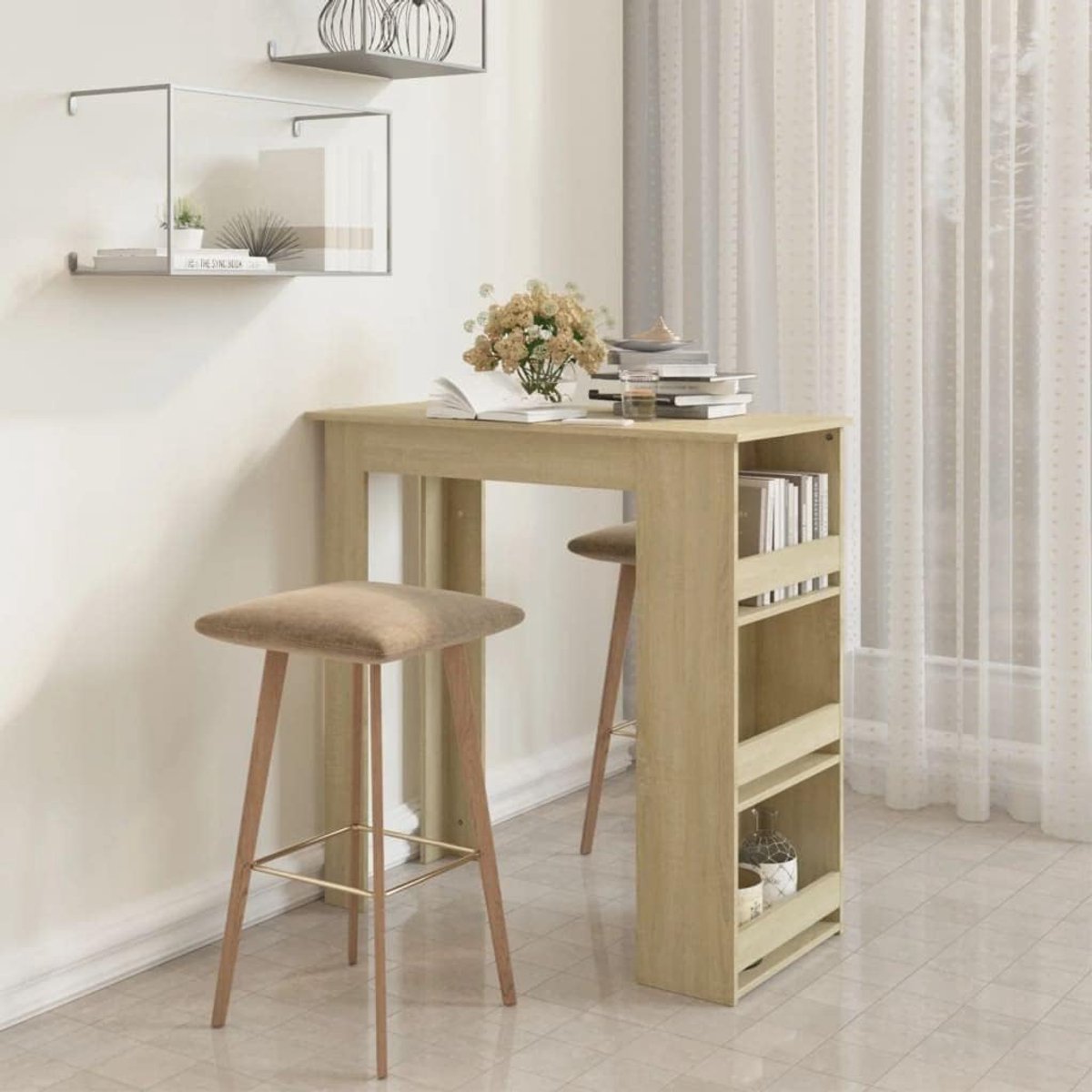 Bartafel met plank Sonoma eiken statafel 102 x 50 x 103,5 cm hout met 3 planken voor wijnflessen en voorwerpen