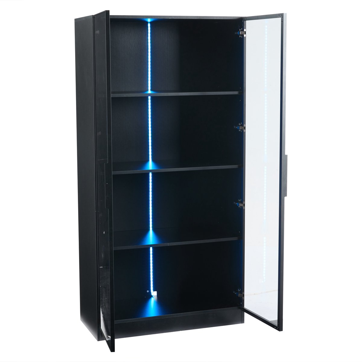 Vitrinekast Met LED-Verlichting - Dubbele Glazen Deuren - Verstelbare Legplanken - Hoge Kast Voor Woonkamer - Zwart Spaanplaat Met Aluminium Frame