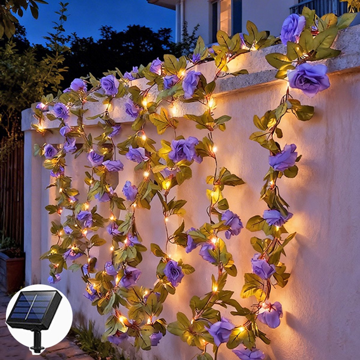 YAGXIG Kunstmatige Rozenkrans met Lichtjes - Lichtsnoer - Lichtsnoer op Solar - Perfect voor Bruiloften, Verjaardagen en Tuinfeesten (Paars, 2m/20LEDs)