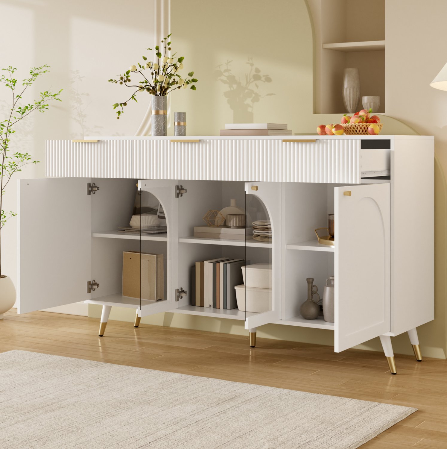 DESMIU Dressoir - 4 Deuren En 3 Lades - Moderne Opbergkast Voor Woonkamer En Eetkamer - MDF En Spaanplaat - 140x40x85,5 Cm - Wit