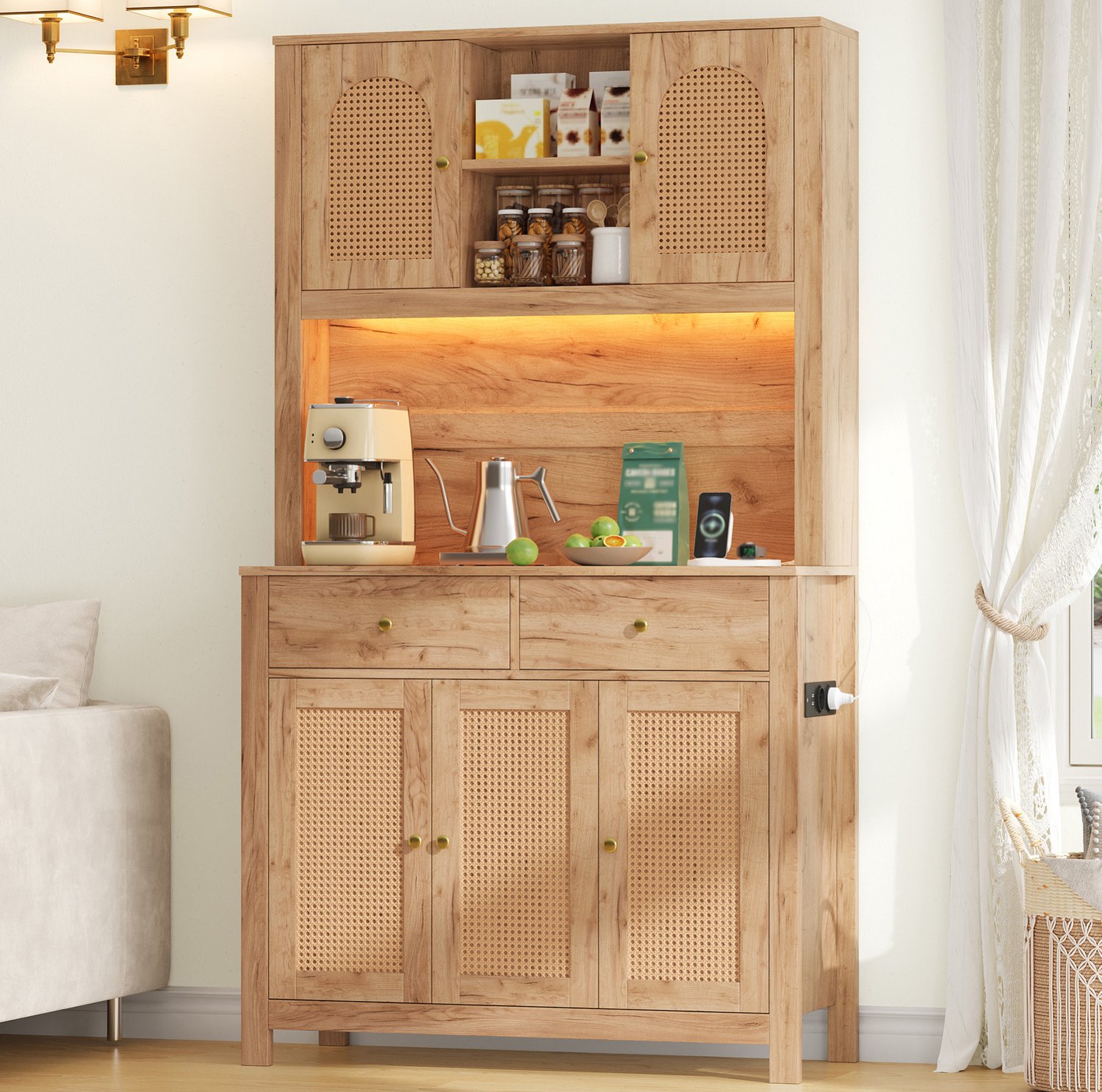 MODENUIT Keukenkast - Hoge Kast Met Led En Stopcontact - Keuken, Eetkamer - MDF - 100 x 40 x 180 cm - Naturel