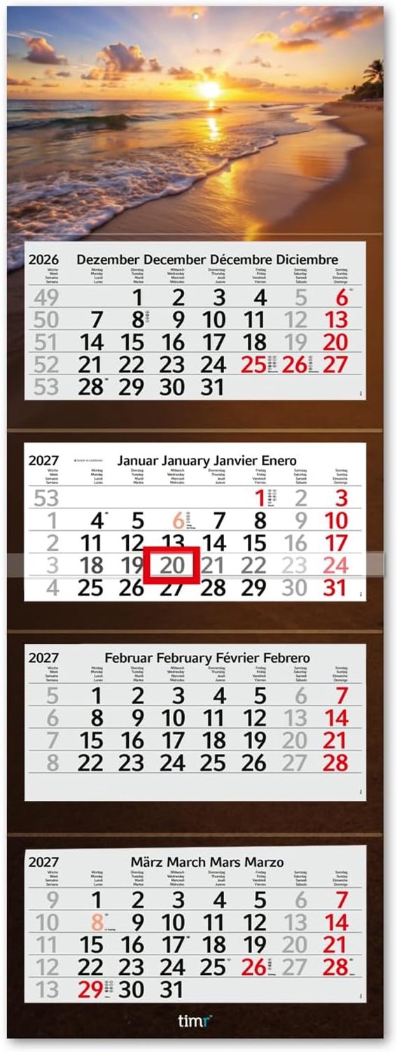 Wandkalender 4 maanden 2027 - neutraal kerstmotief - zonder reclame - praktisch en decoratief - ShopVlot