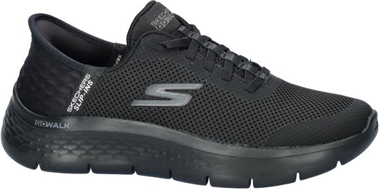 Zwarte Skechers Go Walk Flex instapper met mesh, 'S' logo en 'GO WALK' op de hak.