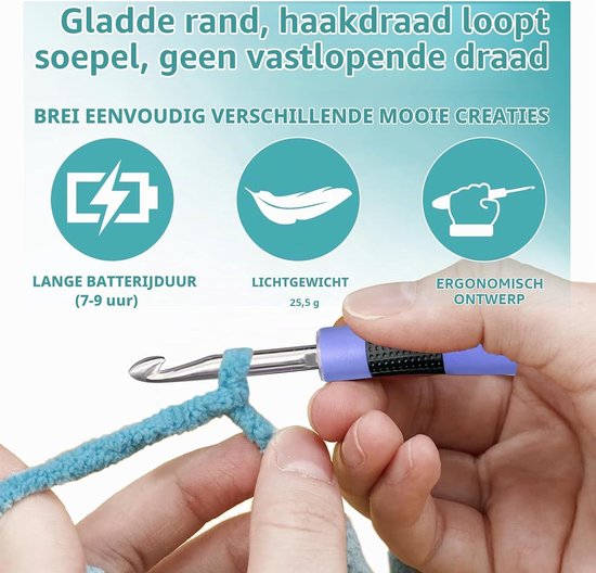 22-in-1 LED haaknaaldenset met teller, 22 maten (0.3-1.5 cm), kunststof, paars, inclusief opbergtas voor haken en breien — afbeelding 5