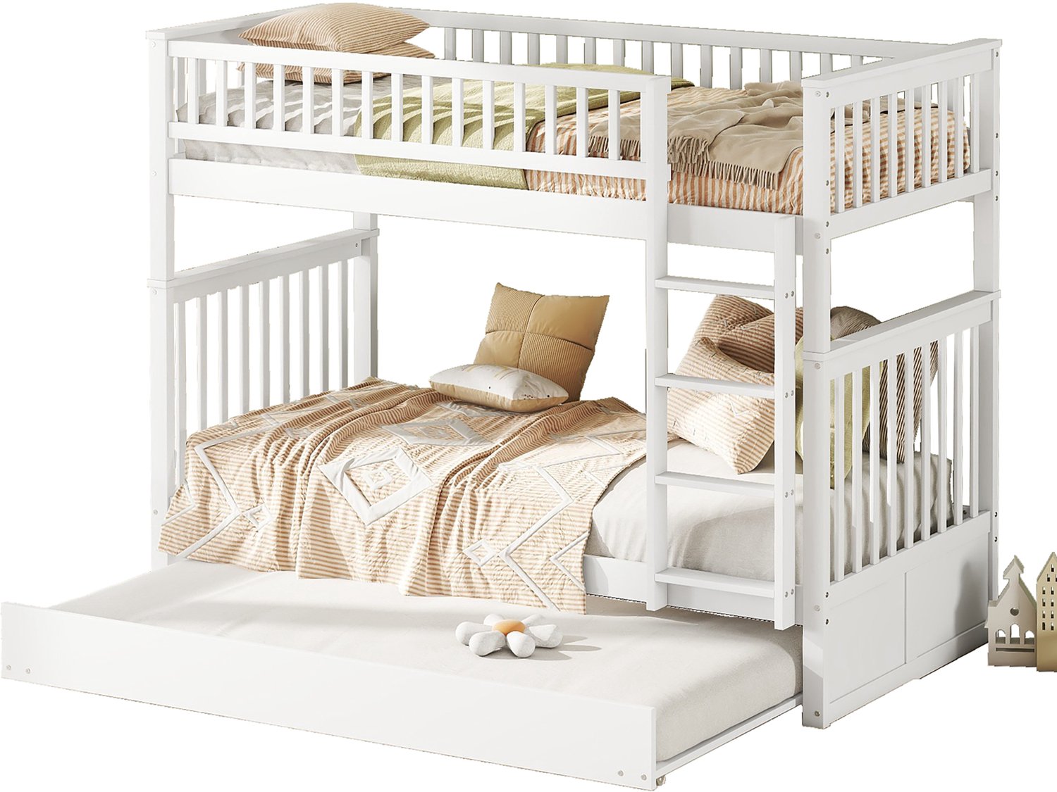 Stapelbed Met Uitschuifbed - 90 x 200 cm - Splitsbaar Tot Losse Bedden - Grenenhout En MDF - Met Hoge Bedrand En Trap Voor Kinder- En Logeerkamer