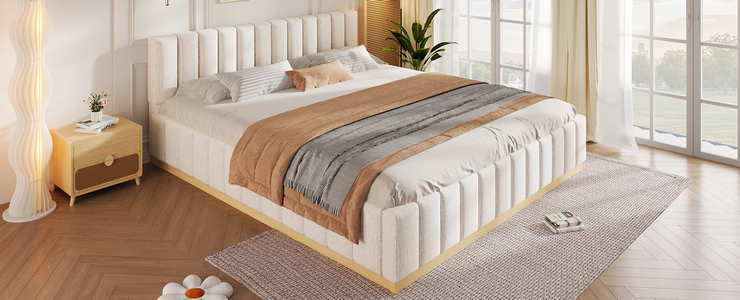 FloraGrace Gestoffeerd Bed 180 x 200 cm - Tweepersoonsbed Met Lattenbodem En Hoog Hoofdbord - Zonder Matras - Chenille - Beige