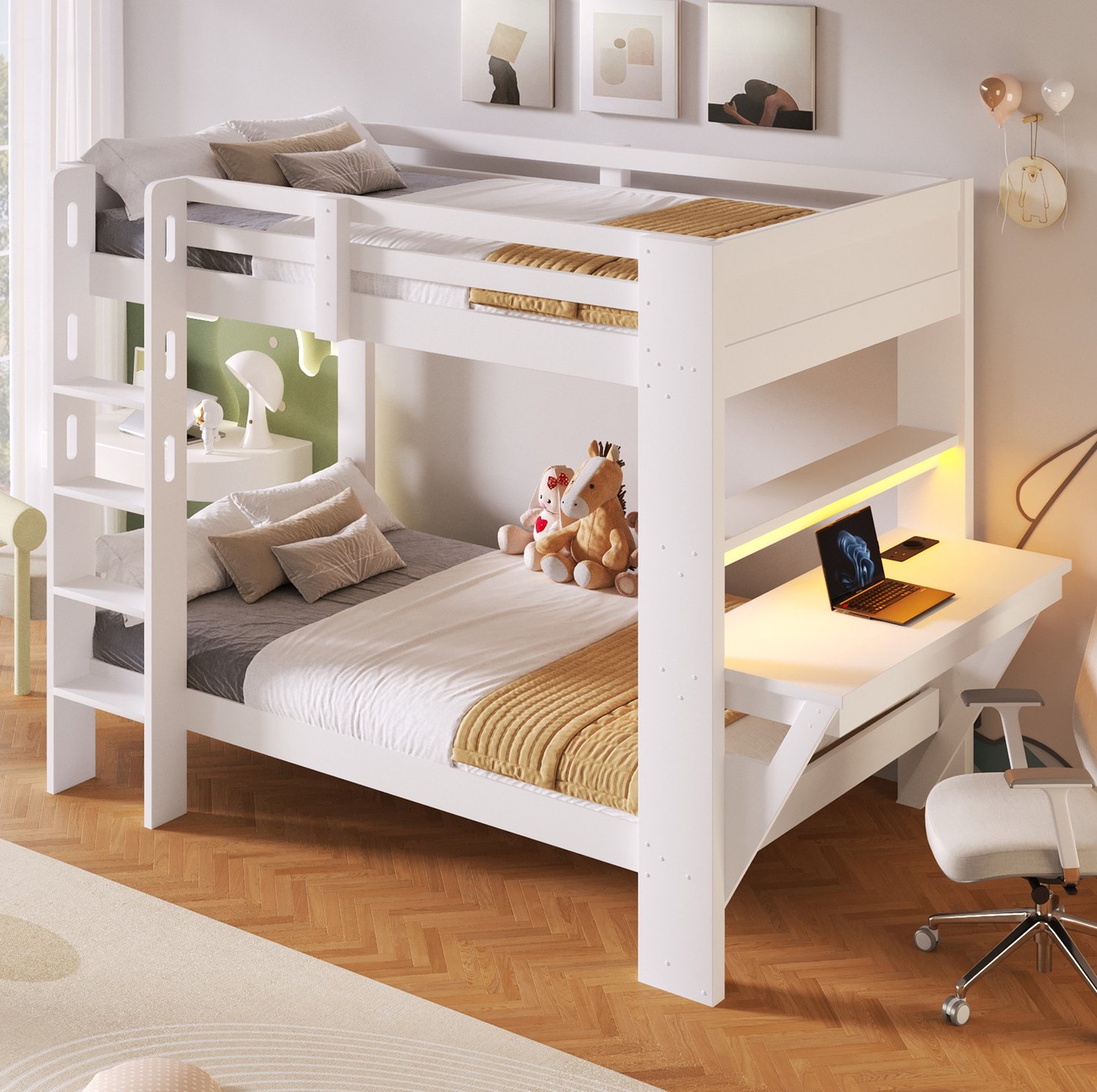 FloraGrace Stapelbed 90x200cm – Met Bureau, LED-Verlichting en Oplaadpunten – Opbergruimte – Kinderen – Hout en MDF – Zonder Matras – Wit