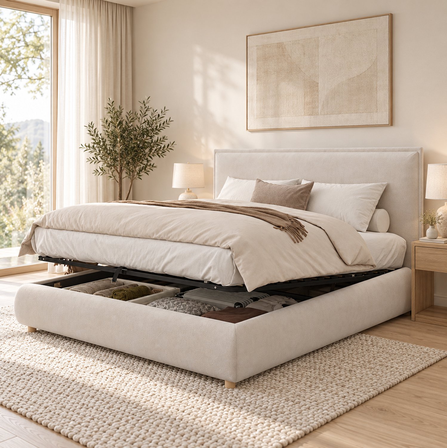 DESMIU Gestoffeerd Bed 160x200 cm – Hydraulisch Opbergbed met Lattenbodem – Groot Opbergvak – Voor Volwassenen – Fluweel – Crème – Zonder Matras