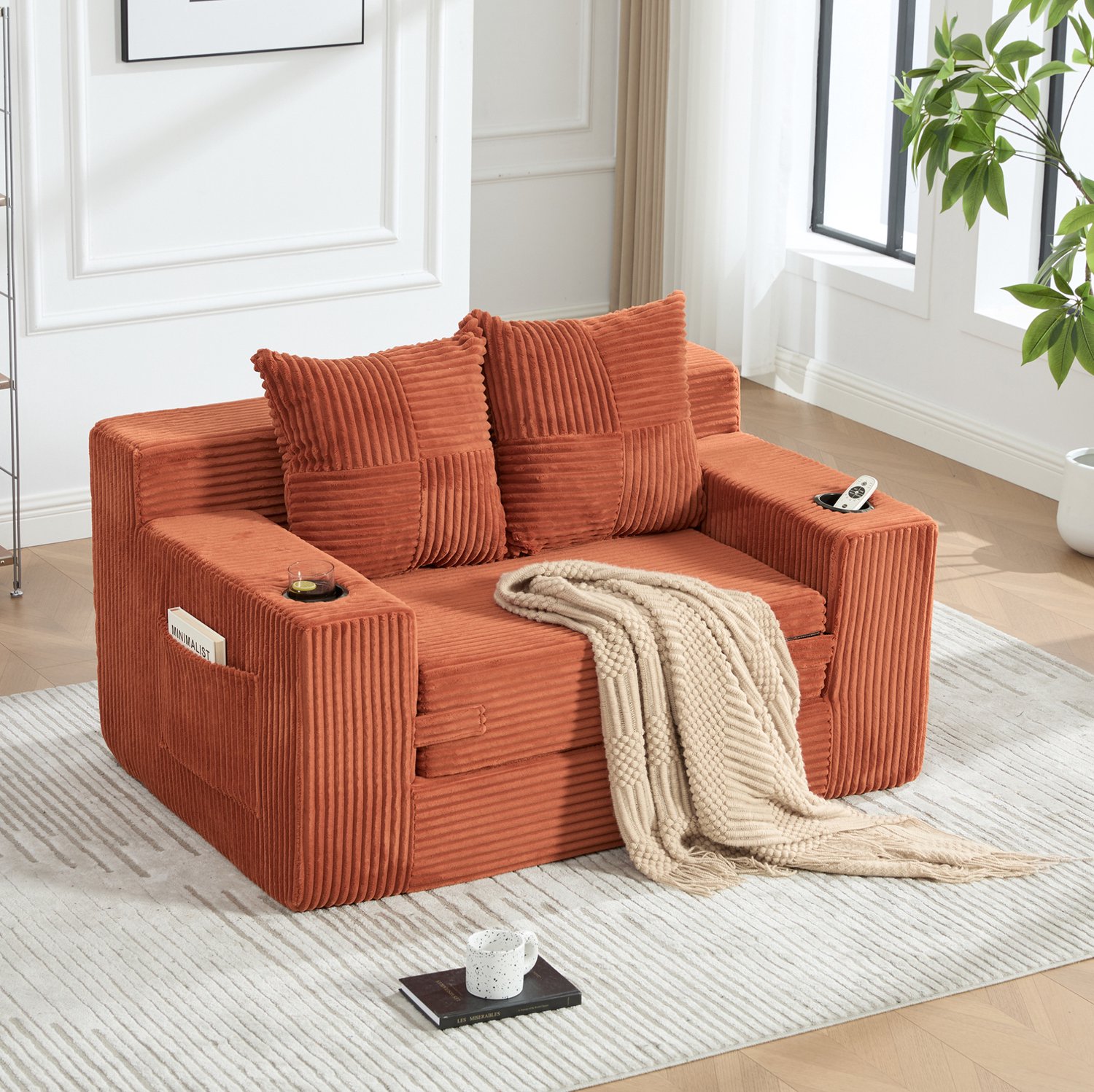 Wishdor Slaapbank 2-zits - Slaapfunctie en bekerhouder - Zijvakken en 2 kussens - Modern Scandinavisch design - Woonkamer leeshoek logeerkamer - Corduroy - Oranje - 151 x 133 x 64 cm