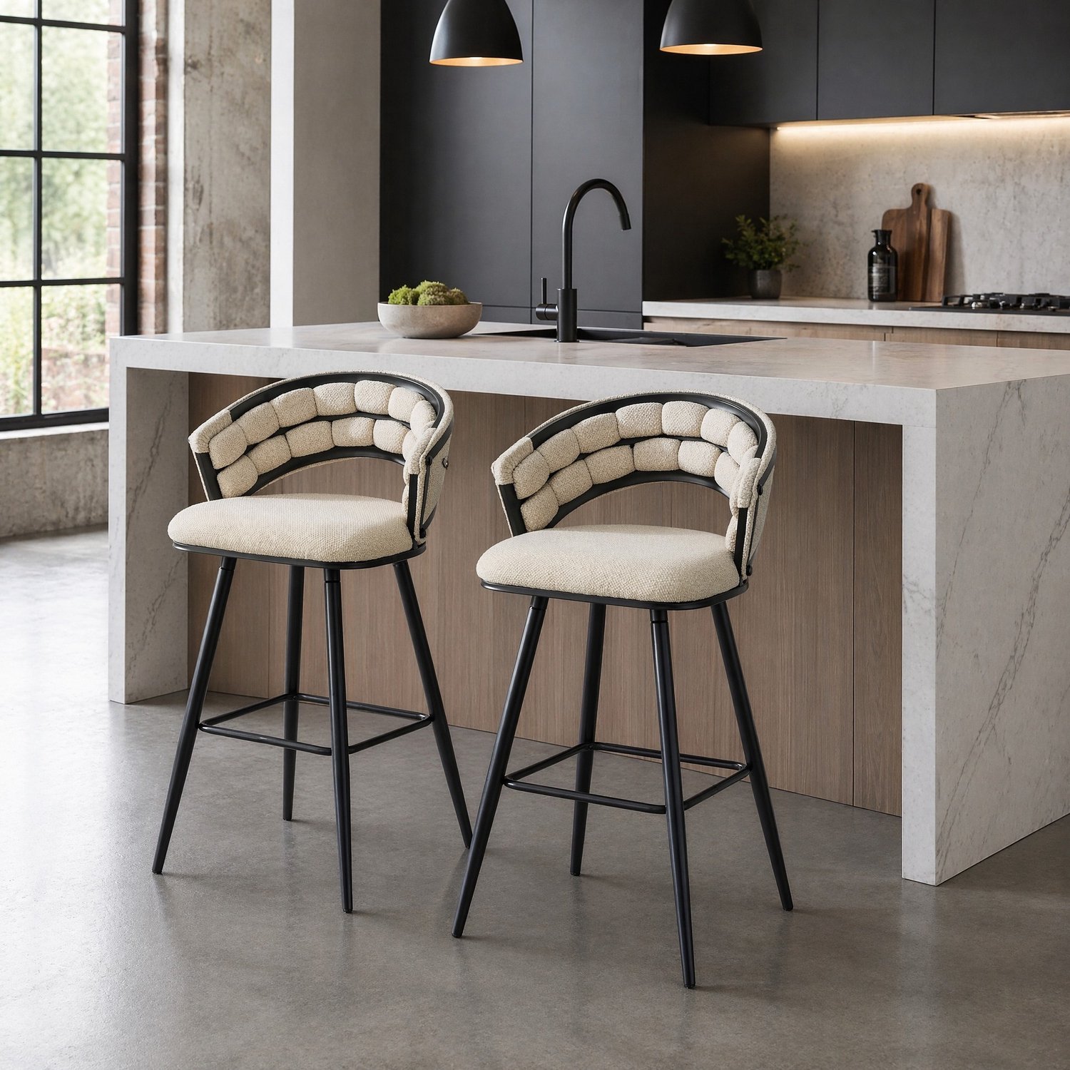 CHICFURN Barkruk - Set van 2 - Met rugleuning - Metalen onderstel - Beige