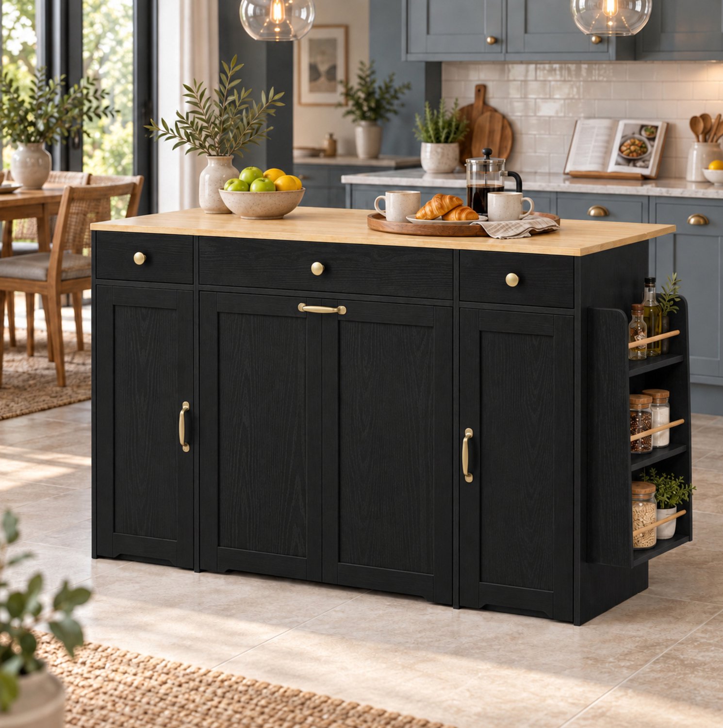 STILVORA Keukenkast - 3 Lades En 2 Deuren - Voor Keuken En Eetkamer - Met Houtkleurig Blad - MDF - 136x65x90 Cm - Zwart En Natuurlijk
