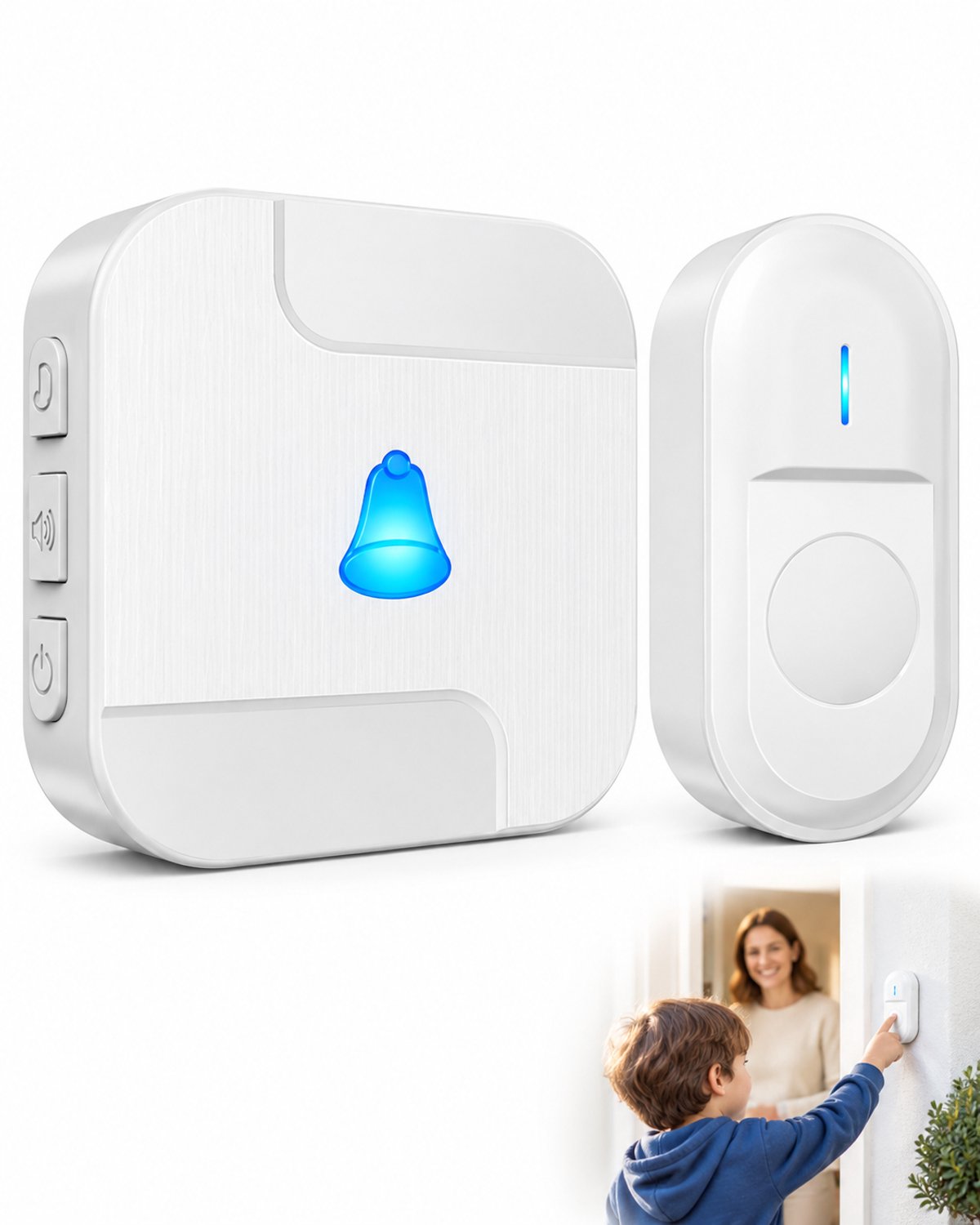 VHV - Draadloze Deurbel Set met Plug-in Ontvanger - 300m Bereik en 55 Melodieën - Waterdichte Buiten Deurbel met LED-Flitslicht - 5 Volumes - Wit