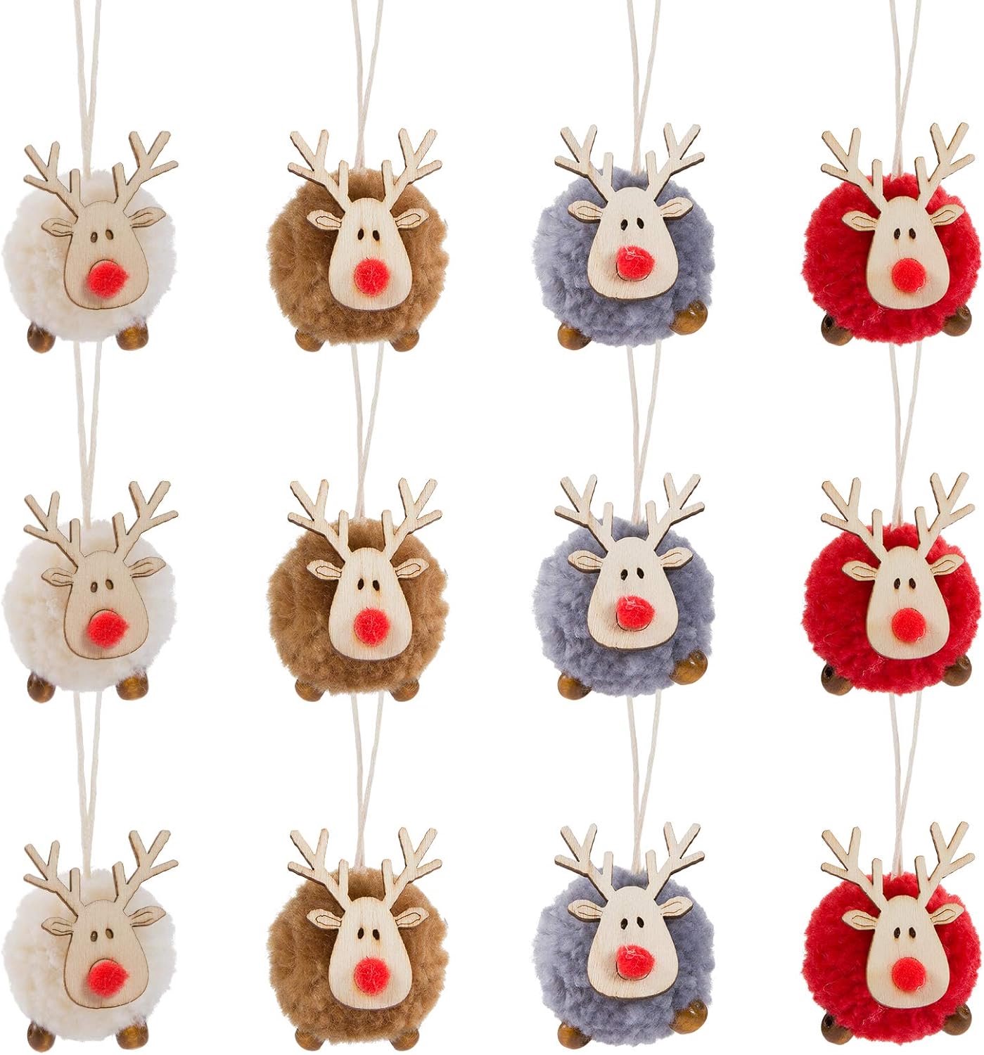 Set van 12 vilten kersthangers (elanden) – Houten rendierhangers voor de kerstboom, decoratie voor kerstfeest en huis (4 kleuren)