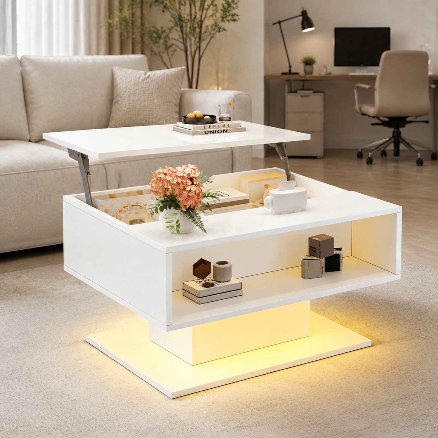 Maisentiel Salontafel 80 x 75 x 40 cm – Verhoogbaar tot 54 cm met LED en opbergruimte Wit