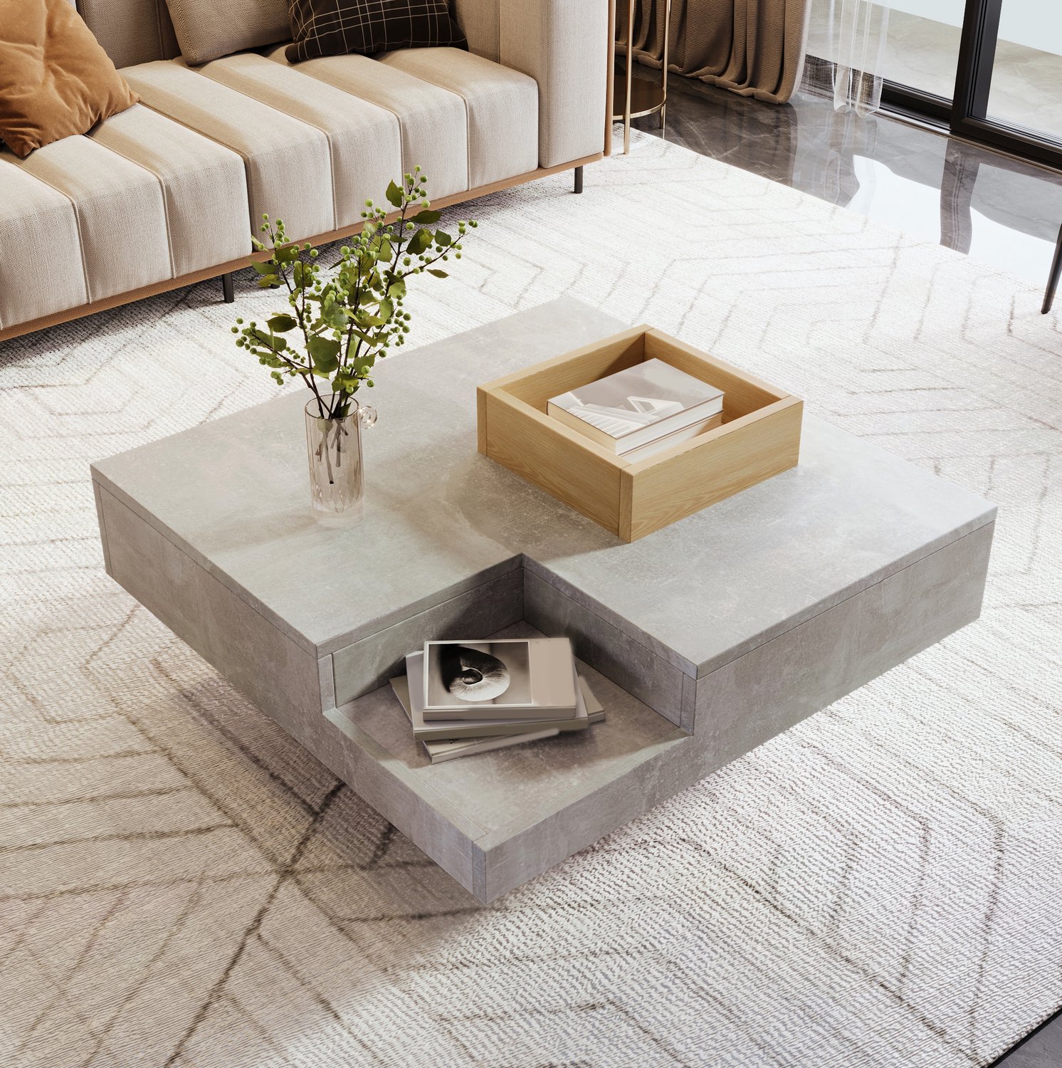 Salontafel 72 x 72 x 30 cm met uitneembare opbergbox, spaanplaat, betongrijs