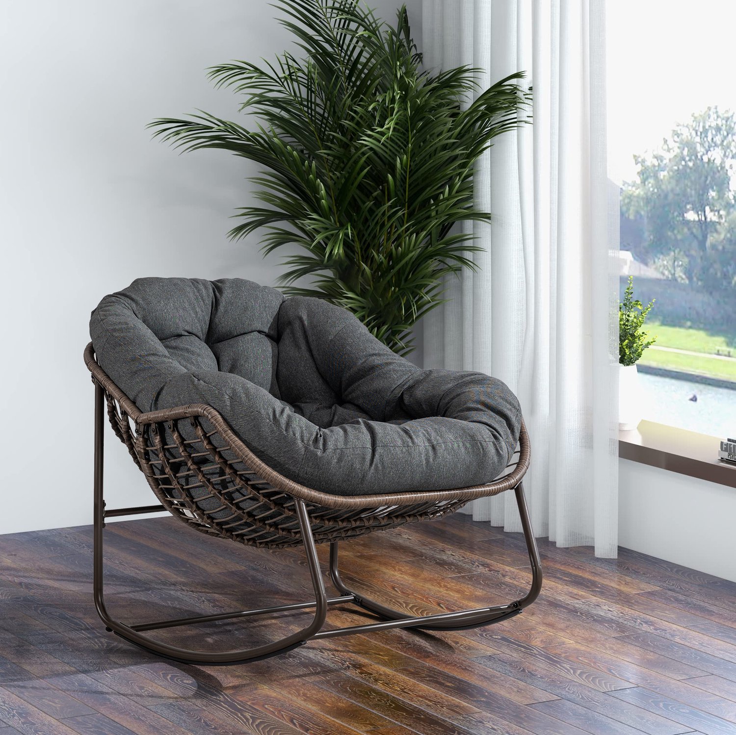 CHICFURN Schommelstoel - Met dik kussen - Rotan - Donkergrijs