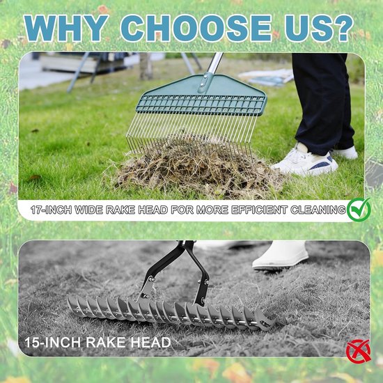 Verstelbare Hark voor Tuin en Gazon, 66 Inch Handvat, 43cm Breed, Verwijdert Dood Gras, Riet en Dennenappels — afbeelding 4