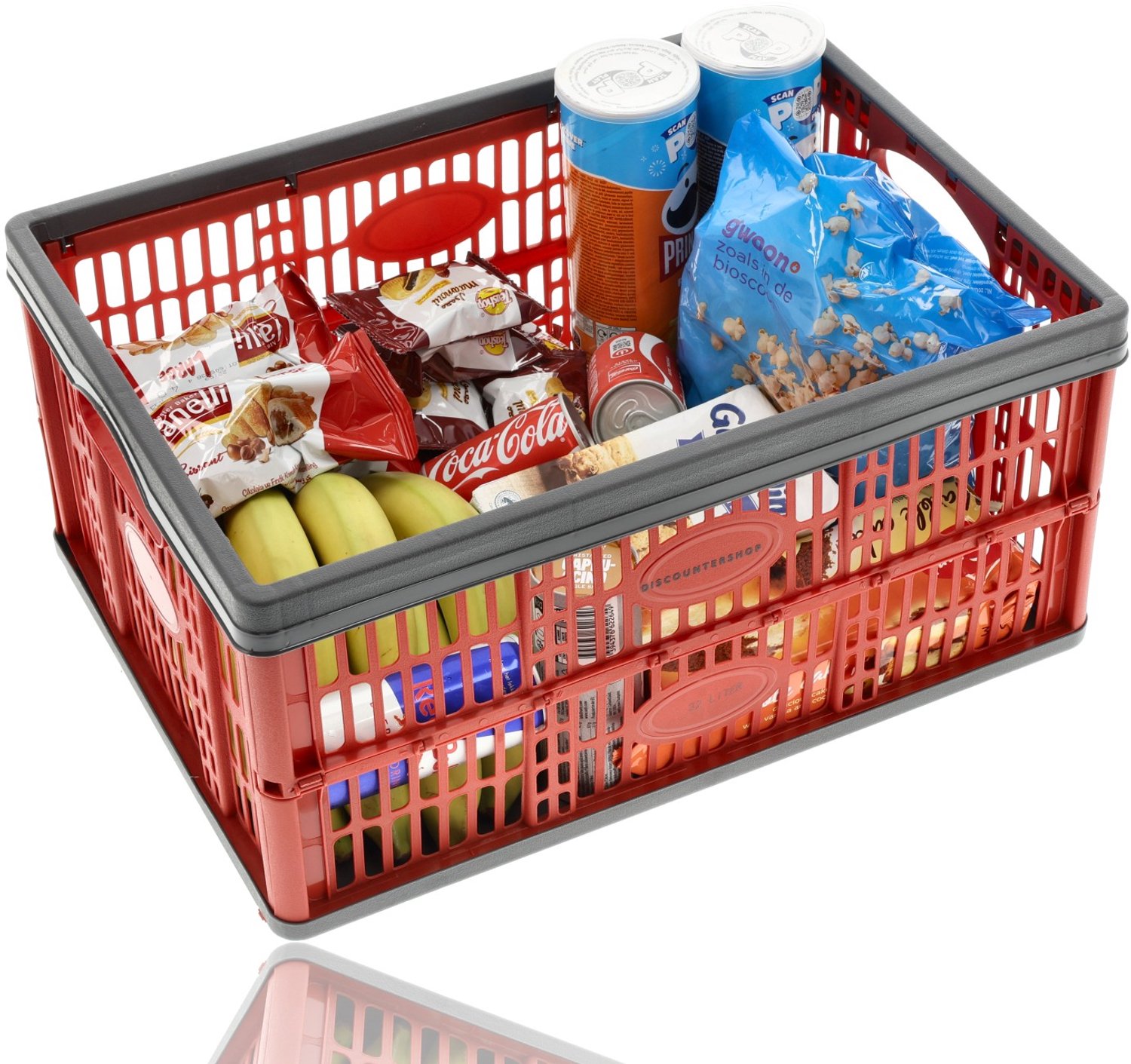 Vouwkrat 1 Stuk – 32 Liter – Boodschappenkrat Opvouwbaar – Opvouwbare Krat – Inklapbare Opbergkrat – Kunststof Stapelbare Krat voor Auto en Kofferbak – Rood/Grijs