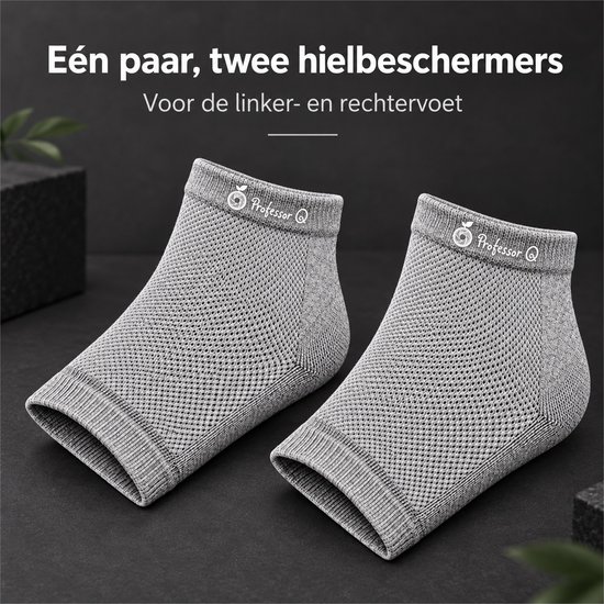 Paar grijze Professor Q hielbeschermers. Tekst: Eén paar, twee hielbeschermers voor linker- en rechtervoet.