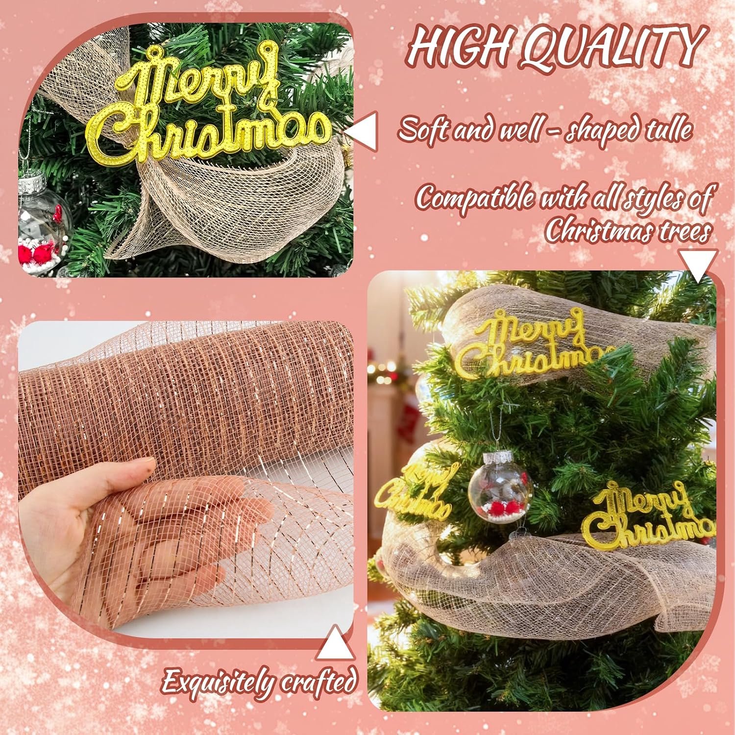Kerstlint - 25 cm * 9,1 m - DIY kerstboom mesh rol scène lay-out - mesh lint - Kerstdecoratie - Kerst mesh lint rol - feestdecoratie - mesh lintrol - vaak gebruikt voor het versieren van slingers, kerstbomen en geschenkverpakkingen - Rose goud – foto 5